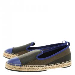 Pre Owned Fendi Brown Peqiun Striped Canvas and Blue Leather Cap Toe Espadrilles Size 38.5