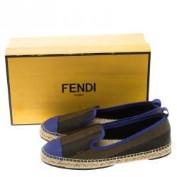 Pre Owned Fendi Brown Peqiun Striped Canvas and Blue Leather Cap Toe Espadrilles Size 38.5
