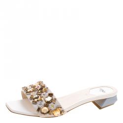 Fendi Cream Crystal Embelllished Leather Mules Size 39