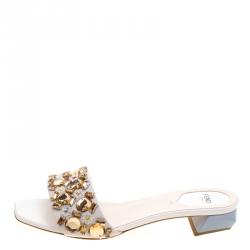 Fendi Cream Crystal Embelllished Leather Mules Size 39