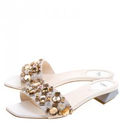 Fendi Cream Crystal Embelllished Leather Mules Size 39