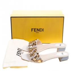 Fendi Cream Crystal Embelllished Leather Mules Size 39