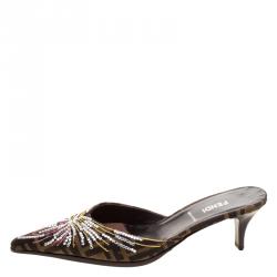 Pre Owned Fendi Crystal Embellished Embroidered Zucca Canvas Pointed Toe Mules Size 39