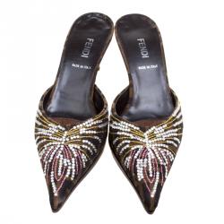 Pre Owned Fendi Crystal Embellished Embroidered Zucca Canvas Pointed Toe Mules Size 39