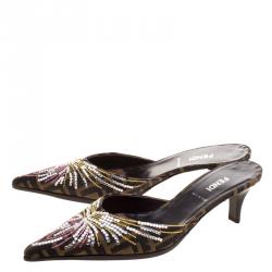Pre Owned Fendi Crystal Embellished Embroidered Zucca Canvas Pointed Toe Mules Size 39
