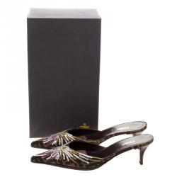 Pre Owned Fendi Crystal Embellished Embroidered Zucca Canvas Pointed Toe Mules Size 39