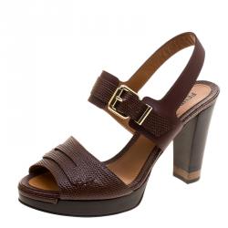 Pre Owned Fendi Brown Lizard Embossed Leather Platform Sandals Size 38