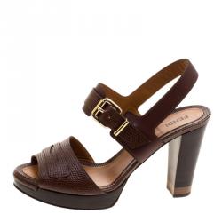 Pre Owned Fendi Brown Lizard Embossed Leather Platform Sandals Size 38