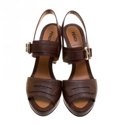Pre Owned Fendi Brown Lizard Embossed Leather Platform Sandals Size 38