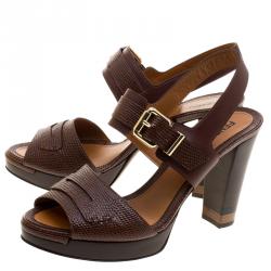Pre Owned Fendi Brown Lizard Embossed Leather Platform Sandals Size 38