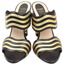 Pre Owned Fendi Bicolor Leather Gold Edition Waves Sandals Size 37