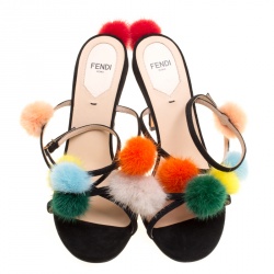 Pre Owned Fendi Black Suede With Multicolor Mink Fur Pompoms Ankle Strap Sandals Size 39