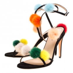 Pre Owned Fendi Black Suede With Multicolor Mink Fur Pompoms Ankle Strap Sandals Size 39