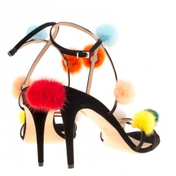 Pre Owned Fendi Black Suede With Multicolor Mink Fur Pompoms Ankle Strap Sandals Size 39