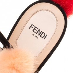 Pre Owned Fendi Black Suede With Multicolor Mink Fur Pompoms Ankle Strap Sandals Size 39