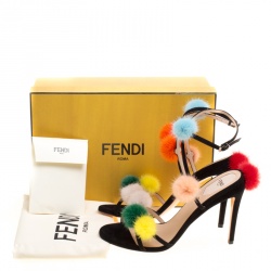Pre Owned Fendi Black Suede With Multicolor Mink Fur Pompoms Ankle Strap Sandals Size 39
