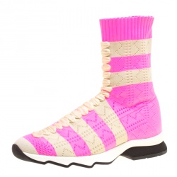 Pre Owned Fendi Pink and Beige Stripes Knit Fabric Sneaker Boots Size 38