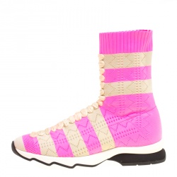 Pre Owned Fendi Pink and Beige Stripes Knit Fabric Sneaker Boots Size 38