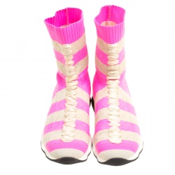 Pre Owned Fendi Pink and Beige Stripes Knit Fabric Sneaker Boots Size 38