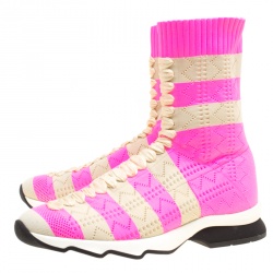 Pre Owned Fendi Pink and Beige Stripes Knit Fabric Sneaker Boots Size 38