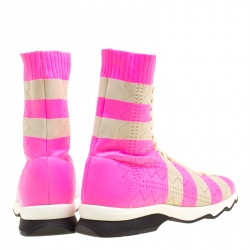 Pre Owned Fendi Pink and Beige Stripes Knit Fabric Sneaker Boots Size 38