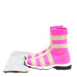 Pre Owned Fendi Pink and Beige Stripes Knit Fabric Sneaker Boots Size 38