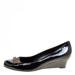 Pre Owned Fendi Black Patent Leather Bow Detail Wedge Pumps Size 42