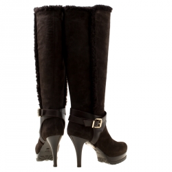 Pre Owned Fendi Brown Suede Shearling Trim Knee Boots Size 40