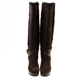 Pre Owned Fendi Brown Suede Shearling Trim Knee Boots Size 40