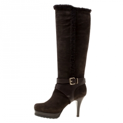 Pre Owned Fendi Brown Suede Shearling Trim Knee Boots Size 40