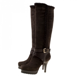 Pre Owned Fendi Brown Suede Shearling Trim Knee Boots Size 40
