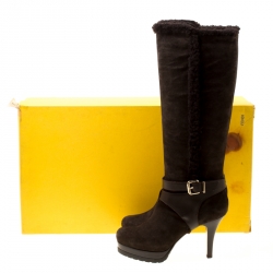 Pre Owned Fendi Brown Suede Shearling Trim Knee Boots Size 40