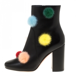 Pre Owned Fendi Black Leather With Multicolor Mink Fur Pompoms Block Heel Ankle Boots Size 38
