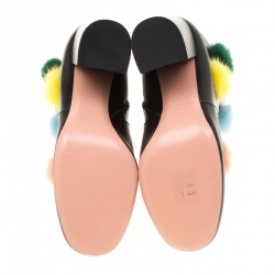 Pre Owned Fendi Black Leather With Multicolor Mink Fur Pompoms Block Heel Ankle Boots Size 38