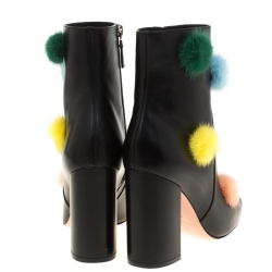 Pre Owned Fendi Black Leather With Multicolor Mink Fur Pompoms Block Heel Ankle Boots Size 38