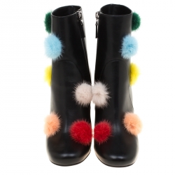 Pre Owned Fendi Black Leather With Multicolor Mink Fur Pompoms Block Heel Ankle Boots Size 38