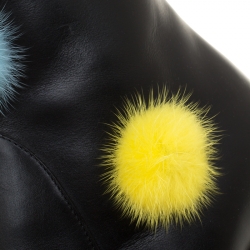 Pre Owned Fendi Black Leather With Multicolor Mink Fur Pompoms Block Heel Ankle Boots Size 38
