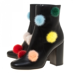 Pre Owned Fendi Black Leather With Multicolor Mink Fur Pompoms Block Heel Ankle Boots Size 38