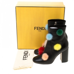 Pre Owned Fendi Black Leather With Multicolor Mink Fur Pompoms Block Heel Ankle Boots Size 38