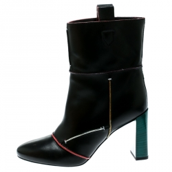Pre Owned Fendi Black Leather Block Heel Ankle Boots Size 38.5