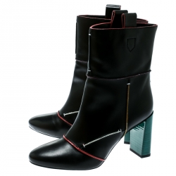 Pre Owned Fendi Black Leather Block Heel Ankle Boots Size 38.5