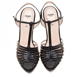 Pre Owned Fendi Black Patent Leather T Bar Platform Sandals Size 38