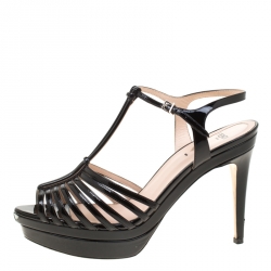 Pre Owned Fendi Black Patent Leather T Bar Platform Sandals Size 38