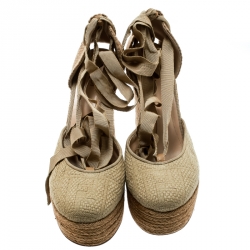 Pre Owned Fendi Beige Monogram Canvas Espadrille Wedge Ankle Wrap Platform Pumps Size 40