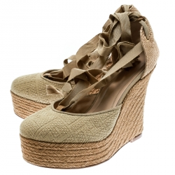 Pre Owned Fendi Beige Monogram Canvas Espadrille Wedge Ankle Wrap Platform Pumps Size 40