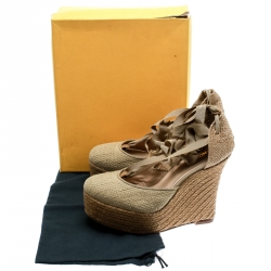 Pre Owned Fendi Beige Monogram Canvas Espadrille Wedge Ankle Wrap Platform Pumps Size 40