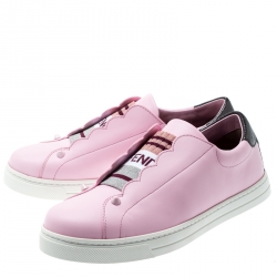 Pre Owned Fendi Pink Leather Rockoclick Slip On Sneakers Size 36