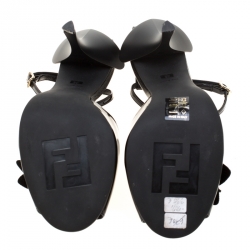 مملوكة مسبقًا Fendi Black Patent Leather With Embossed Lizard Leather Appliqued Flower Peep Toe Ankle Strap Sandals Size 38