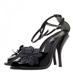 مملوكة مسبقًا Fendi Black Patent Leather With Embossed Lizard Leather Appliqued Flower Peep Toe Ankle Strap Sandals Size 38