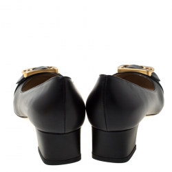 Pre Owned Fendi Black Leather Buckle Block Heel Pumps Size 38.5